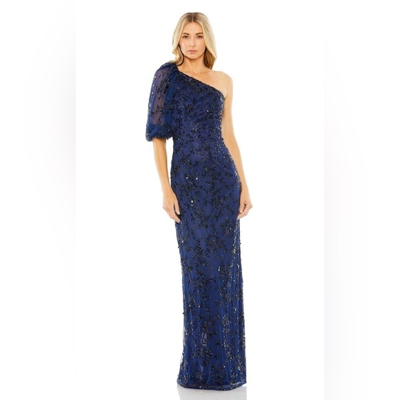 MAC DUGGAL Embellished Puff Sleeve One Shoulder Gown in Midnight Blue 14 - Picture 1 of 7